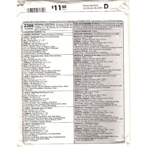 McCalls Crafts 2388 Snowman Christmas Uncut Sewing Pattern - Picture 2 of 2